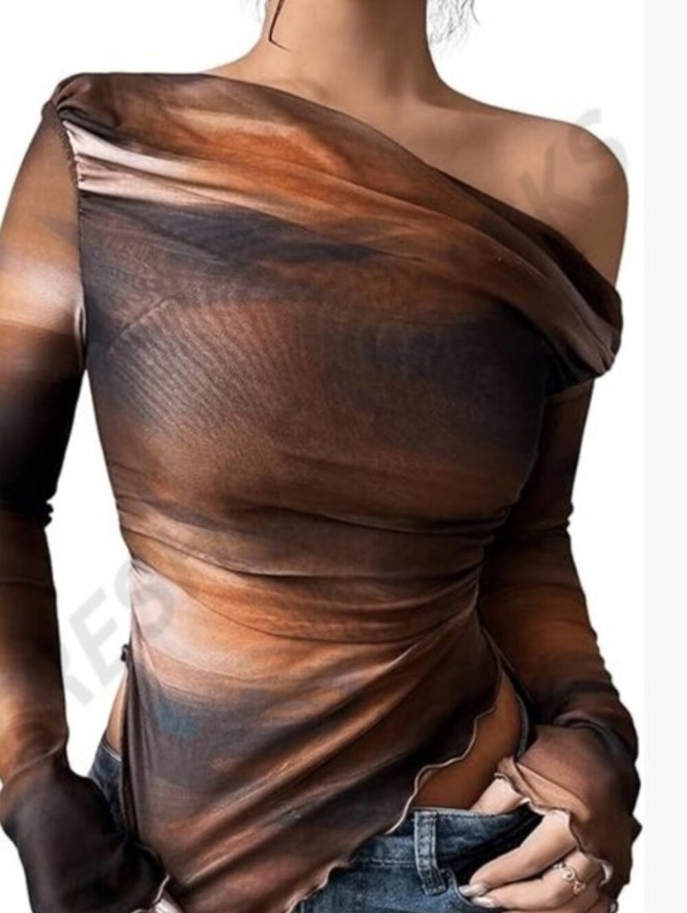 Women’s One-Shoulder Brown Mesh Top